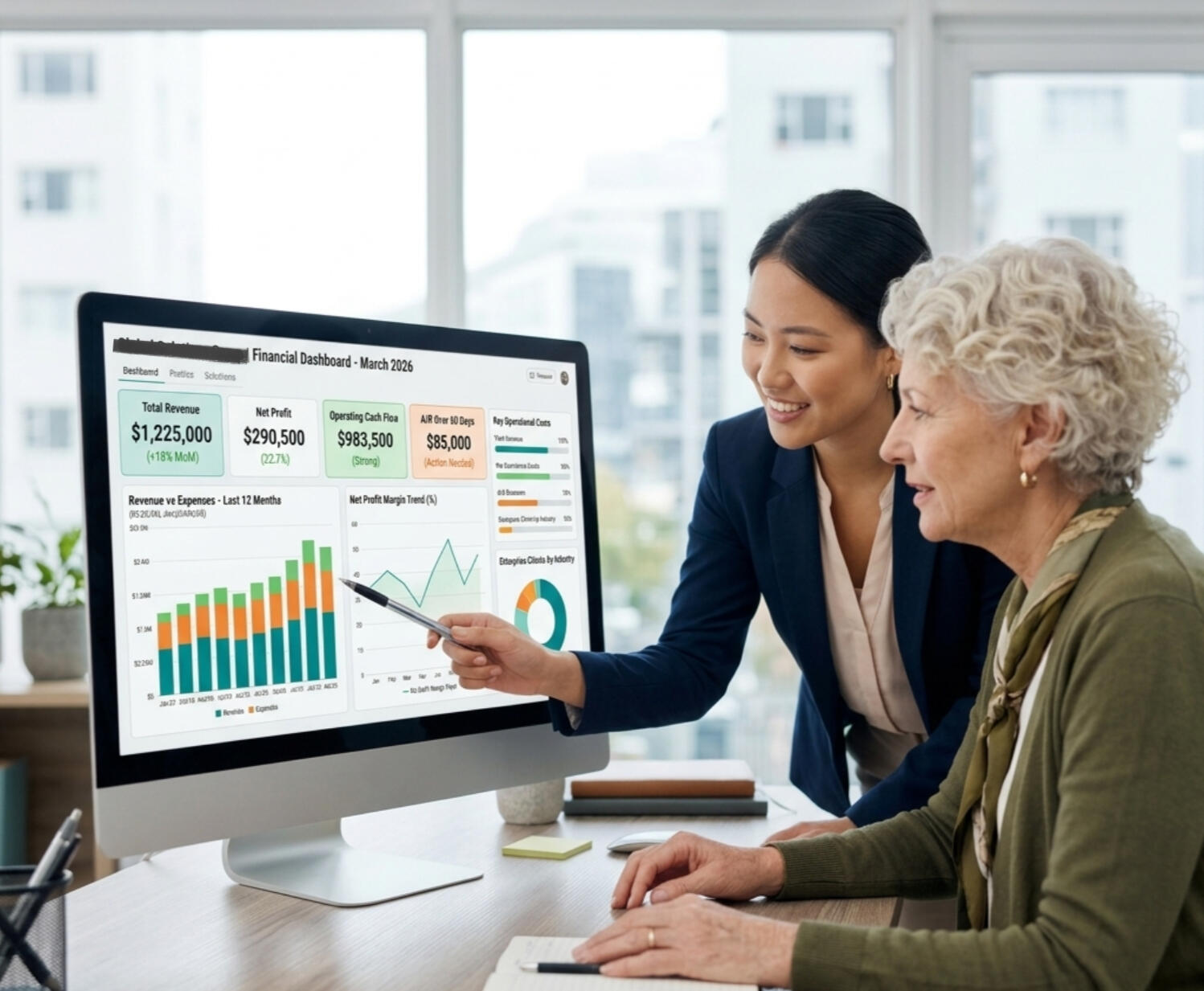 LedgerSpring dashboard Accountant presenting financial dashboard to client